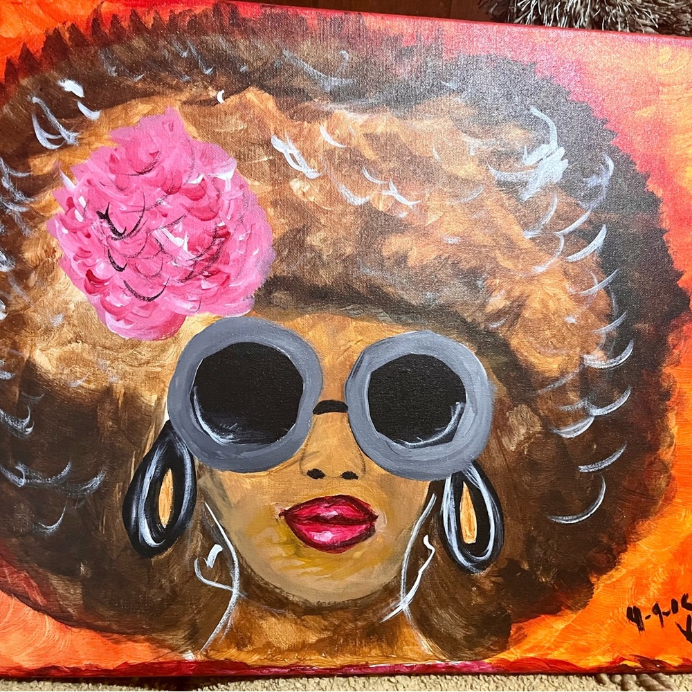 VINTAGE AFRICAN-AMERICAN ART - "AFRO CHICK" PAINTING (2006) (20x16) (ON FRAME) - Picture 5 of 9